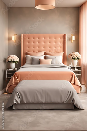 Bedroom in Delicate Peach Fuzz Color Trend 2024 with Panton Furniture and Accent Wall. Modern Luxury Room Interior for Home or Hotel. Empty Warm Apricot Paint Background for Art. 3D Render. © Five Million Stocks