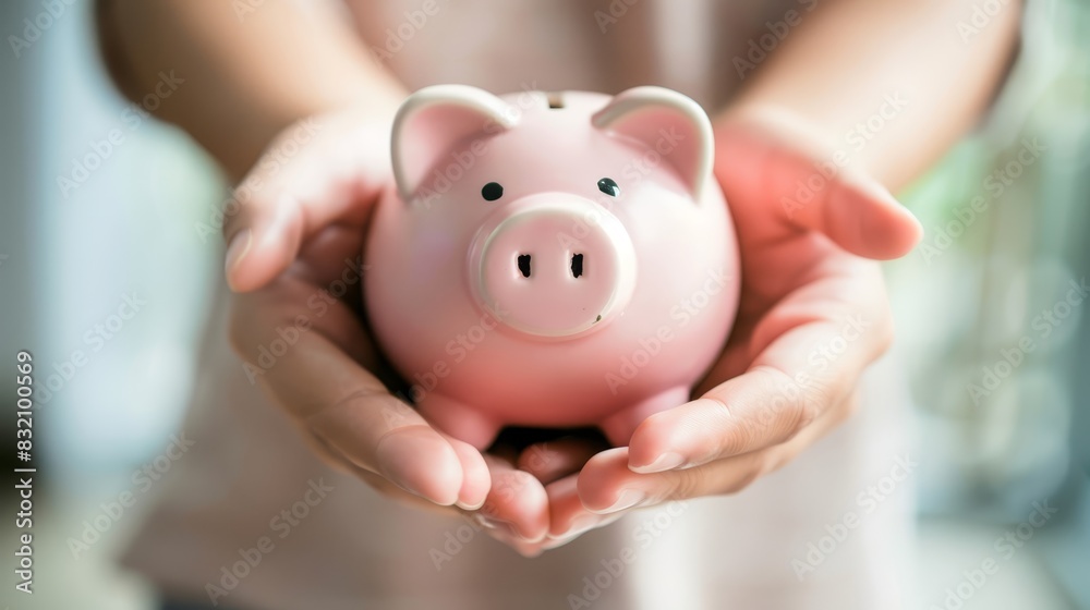 Hands holding a piggy bank beside money stacks, symbolizing financial security and savings. Ideal for banking and financial management concepts Hands holding a piggy bank beside money stacks, symbolizing financial security and savings. Ideal for banking and financial management concepts