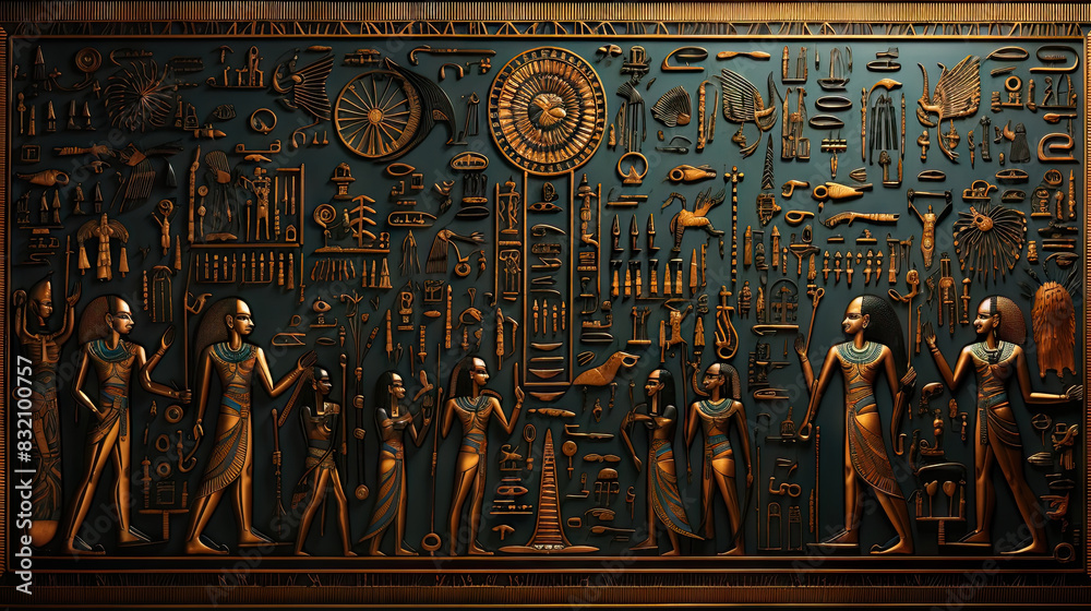 Detailed relief carving of Ancient Egyptian deities and hieroglyphs on ...