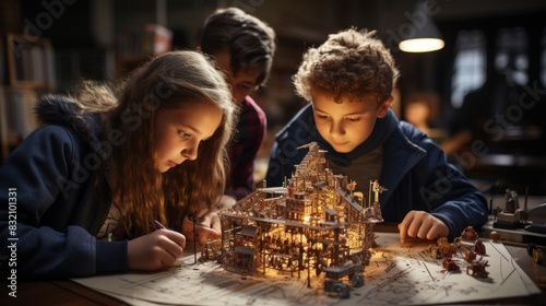 Enthralled children closely examining an intricate miniature architectural model with fascination