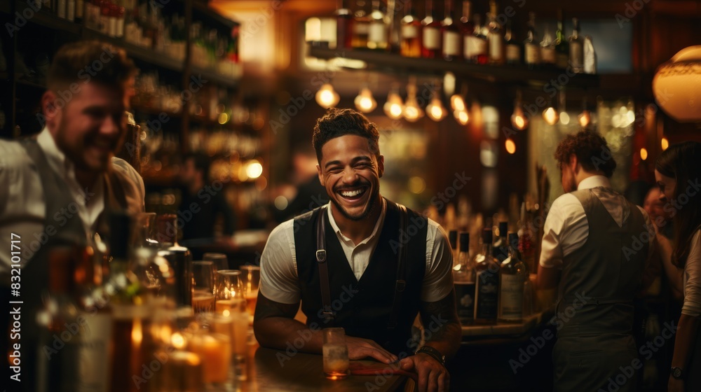Cheerful male bartender standing at a busy bar with a drink in hand, engaging with customers Cheerful male bartender standing at a busy bar with a drink in hand, engaging with customers