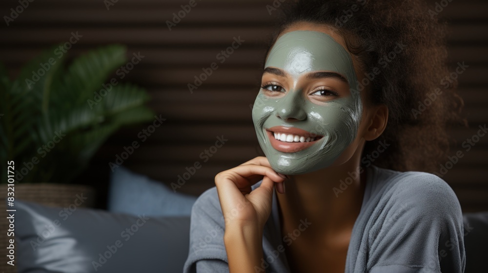 A relaxed young woman dons a green facial mask, casually sitting at home for a skincare routine A relaxed young woman dons a green facial mask, casually sitting at home for a skincare routine
