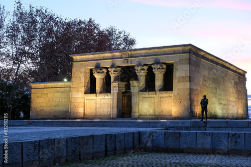 View of the ancient Nubian Temple of Debod, dismantled as part of the International Campaign to Save the Monuments of Nubia, rebuilt in Parque de la Montana, Madrid, Spain