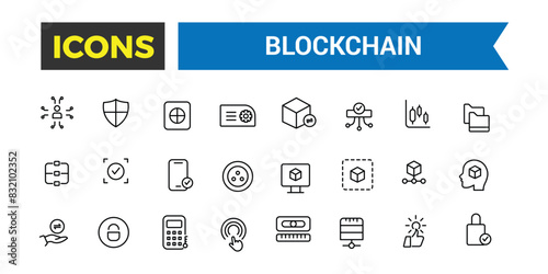 Blockchain Related Vector Line Icons. Blockchain outline icons with editable stroke collection. Editable vector icon and illustration.