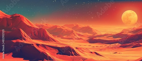 An illustration of landscape, featuring a fantastical desert with enormous, crystalline dunes glowing under an alien sky, minimal styles, illustration template © JK_kyoto