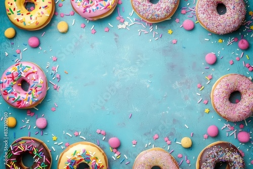 Blank vintage card for National Donut Day, highlighting elements of donuts and sprinkles in colorful styles, and big copy space in the center for text