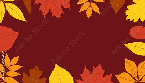 Autumn leaves frame. Horizontal banner or background decorated with multicolored leaves border. Flat vector illustration