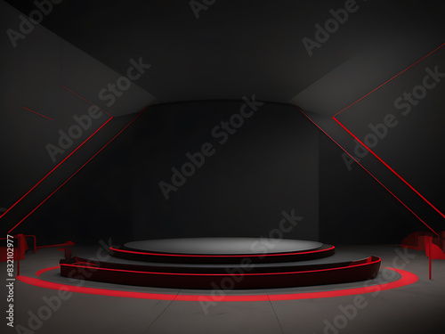 red light round podium and black background for mock up
