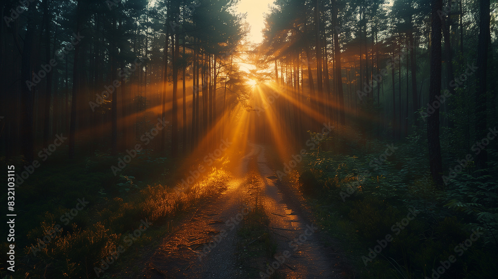 Obraz premium Drone shot of a forest road at sunrise with light rays piercing through the trees.