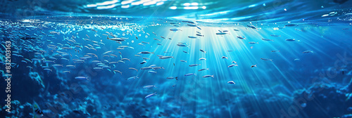 flock of young small school fish under water background ocean photo