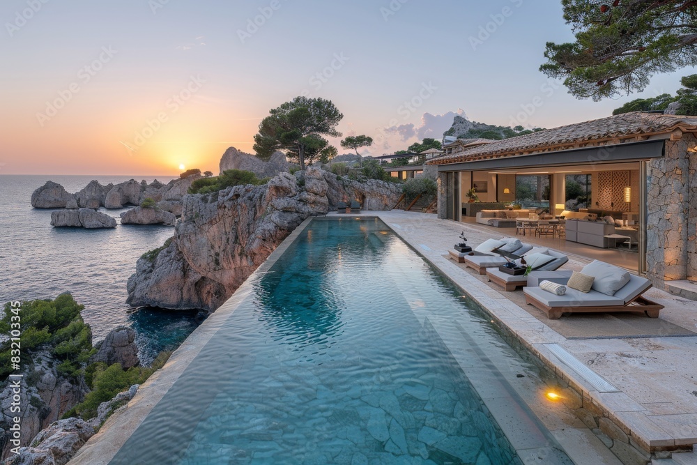 Luxurious villa with infinity pool and ocean view at sunset, creating a serene and opulent outdoor space