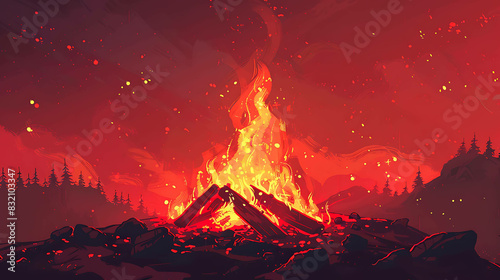 A bonfire burns brightly against a dark red sky. The flames are licking at the night sky. The fire is surrounded by a dark forest. photo