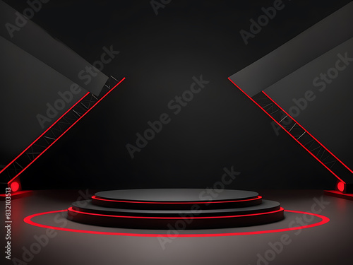 red light round podium and black background for mock up