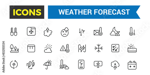 Weather forecast icon set, vector, thin line icons collection. Editable vector icon and illustration.