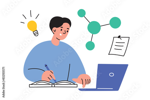 Vector illustration of a student preparing for exam, reading from laptop and writing notes in a notebook. Doodle, flat, cartoon style, education concept, learning, and academic preparation