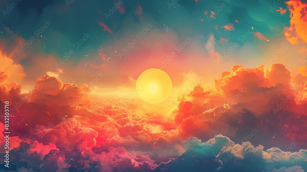 Naklejka premium Whimsical Colorful Background with Clouds and Sun, Playful Imagination Scene