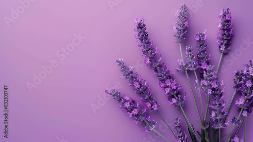 A beautiful bouquet of lavender flowers on a solid purple background. The flowers are in full bloom and have a vibrant purple color.