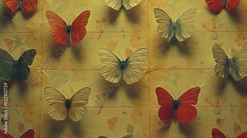 A lot of colorful butterflies in different colors on a yellow background.