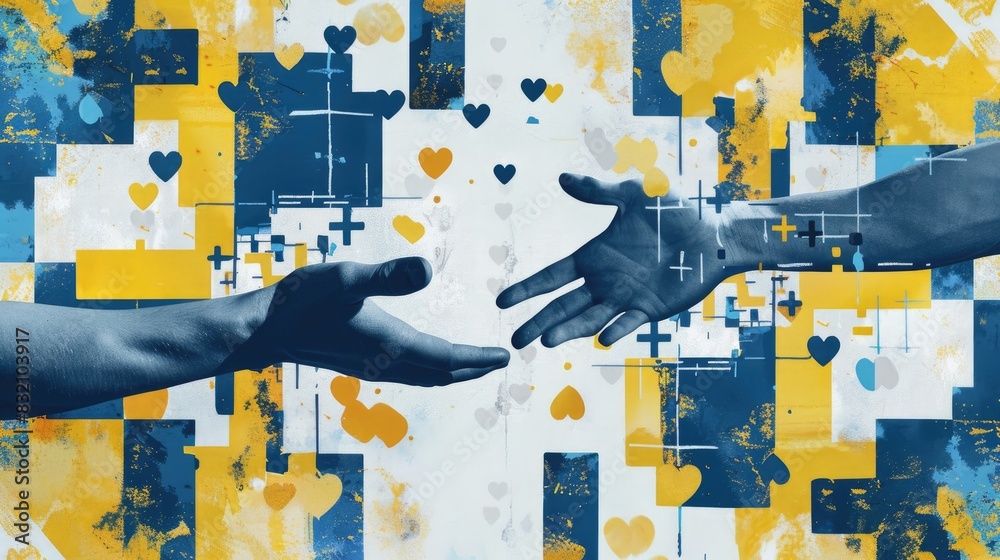 Fototapeta premium Minimalist collage of two hands reaching towards each other. one hand passes the pills to the other hand