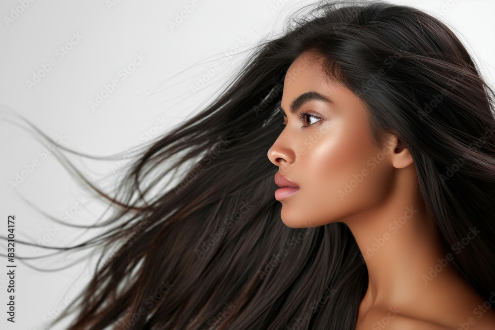 Side profile of an Indian girl with long, dark hair blowing in the wind, light background Side profile of an Indian girl with long, dark hair blowing in the wind, light background