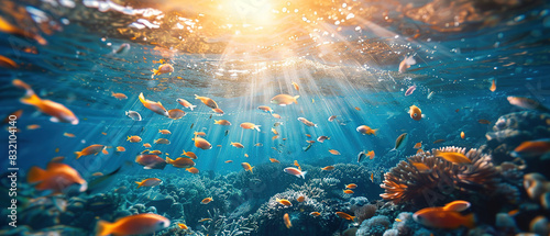flock of young small school fish under water background ocean photo