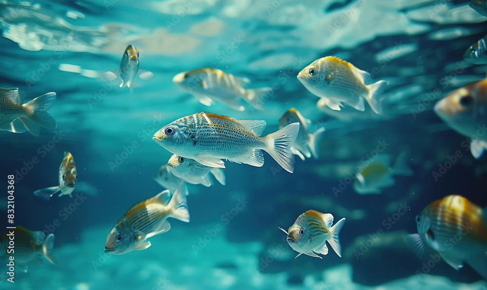 Naklejka premium flock of young small school fish under water background ocean