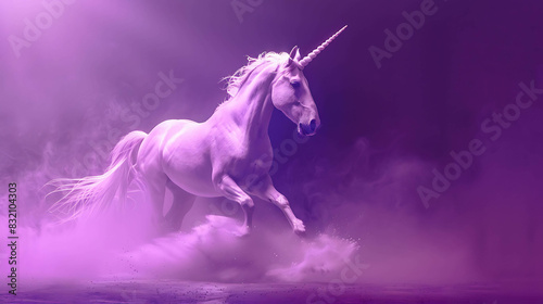 A beautiful unicorn is running through a field of flowers. The unicorn is white with a long  flowing mane and tail. The flowers are pink and purple.