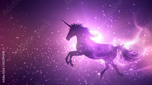 Majestic unicorn in a magical purple starry night sky. Fantasy and fairy tale concept.
