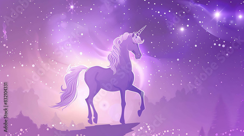 majestic purple unicorn standing on a rock in front of a starry night sky. The unicorn is facing the viewer with a slight smile on its face.