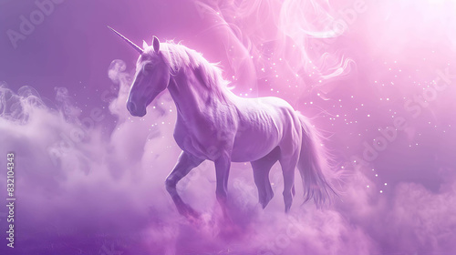 majestic unicorn with long flowing mane and tail stands in a field of pink flowers. the unicorn is white with a single horn on its forehead.