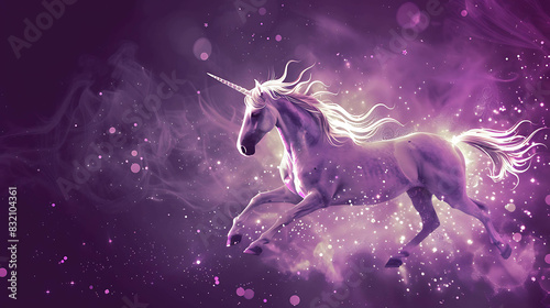 majestic unicorn running through a glittering purple nebula.