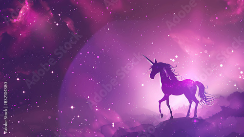 majestic unicorn stands on a hilltop  surrounded by a starry night sky. The unicorn is white with a long  flowing mane and tail.