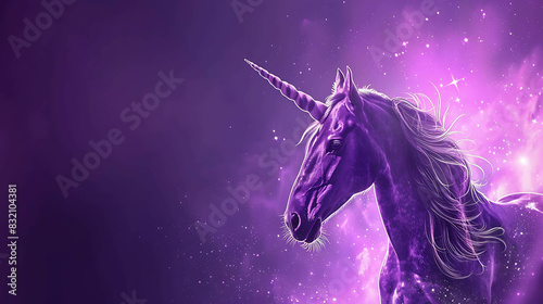majestic purple unicorn with long flowing mane stands in a field of glittering stars. The unicorn is a symbol of purity, innocence, and magic.