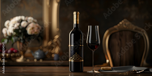 Glass and bottle of red wine with cheese dried apricots and nuts with wooden table dark background.