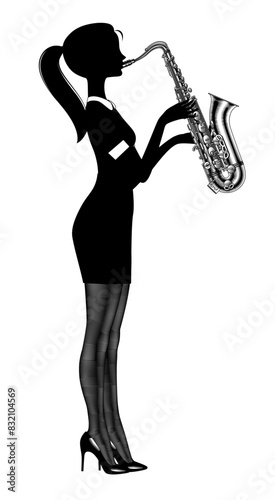 Black silhouette of a young woman in profile plays the saxophone. Drawing in vintage black and white engraving style. Vector illustration