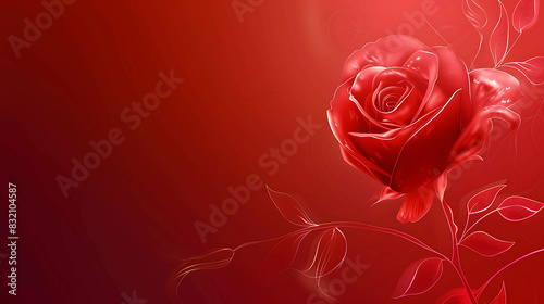 Red rose on a red background. The rose is in full bloom with velvety petals. The stem and leaves are green with veins.