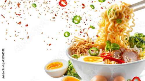 Noodles flying in the air with eggs, meat and vegetables
