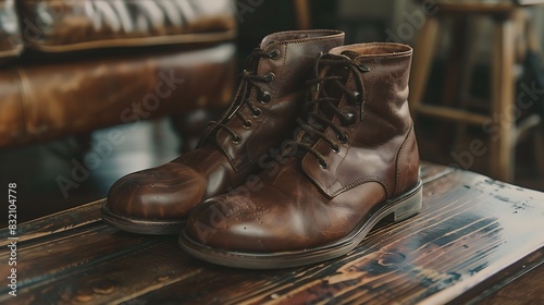 Show ankle-length leather boots, highlighting the grain, laces, and slight scuff marks.