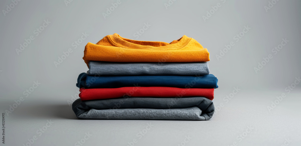 tshirts folded on top of each other, gray background, product photography, tshirts folded on top of each other, gray background, product photography,