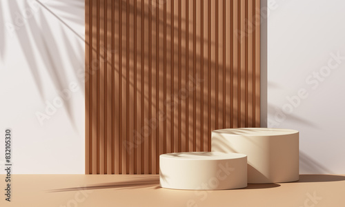 Fototapeta Naklejka Na Ścianę i Meble -  Wood wall product podium 3d display background empty stand wooden platform with abstract shadow light minimal summer backdrop studio or cosmetic advertising presentation natural beauty art concept.