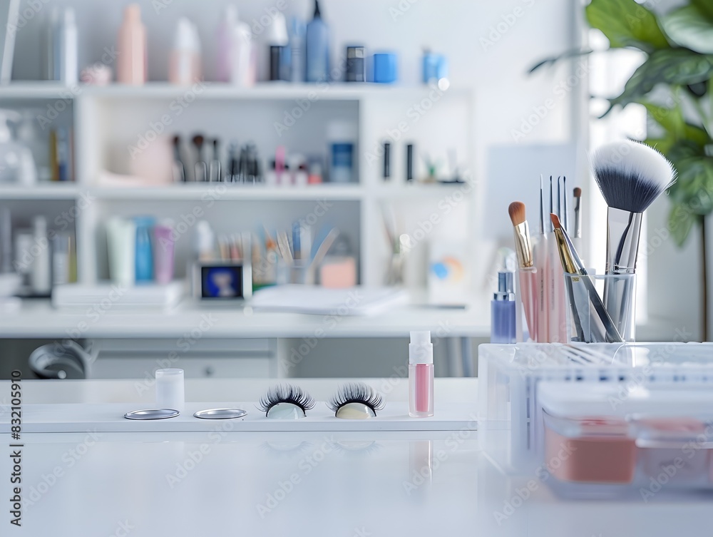 Organized Workspace of Beautician with Lashes and Tools on Clean Background