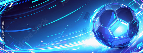 Neon background for advertising banner, featuring a soccer ball in dynamic motion. Sports competition's concept. Copy space. For sports marketing, posters, social media graphics, website banners, ads.