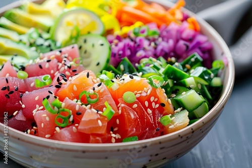 Delicious of a rainbow poke bowl with fresh tuna, avocado, and a variety of veggies, topped with sesame seeds and served in a stylish bowl