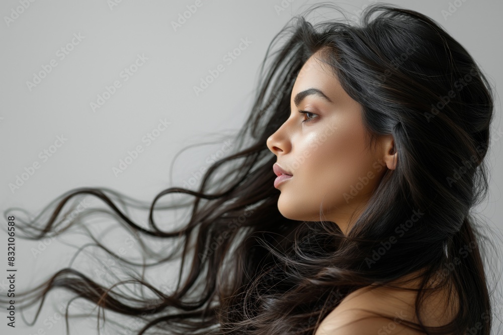 Indian woman with flowing, wavy hair, side profile, serene expression, light background