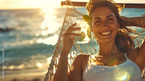 Young woman relaxing in a hammock at the beach enjoying a tropical drink. Sunsetting beach scene with a happy smile. Perfect image for vacation and travel content. AI