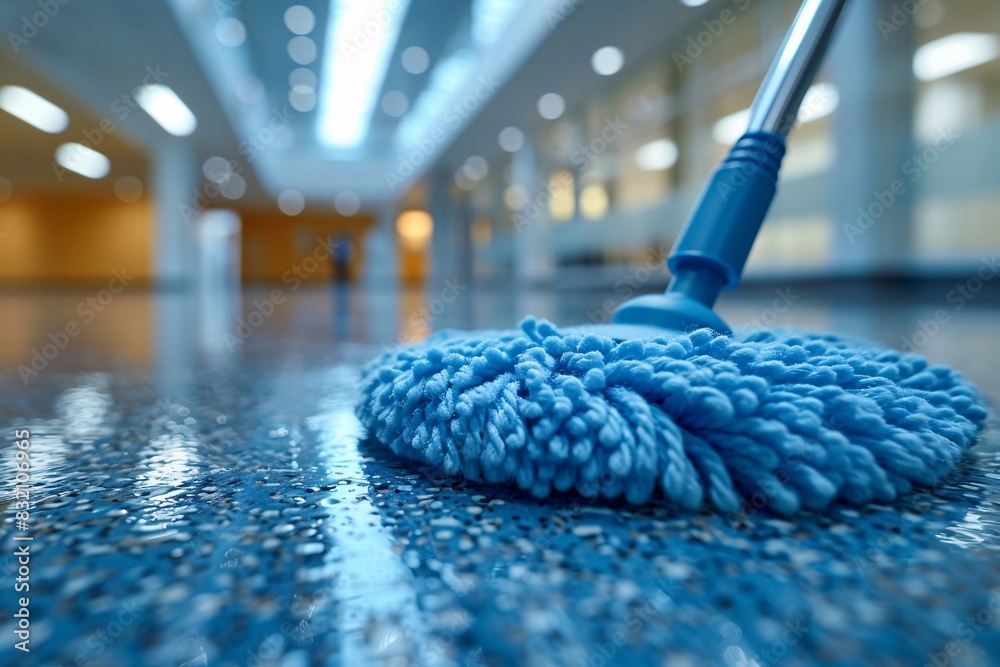 The scene focuses on the mop head making contact with the floor, emphasizing the cleanliness and thoroughness of the task