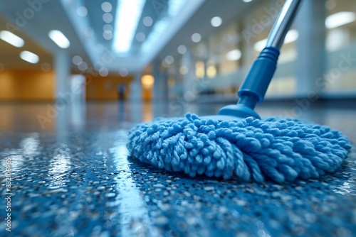 The scene focuses on the mop head making contact with the floor, emphasizing the cleanliness and thoroughness of the task