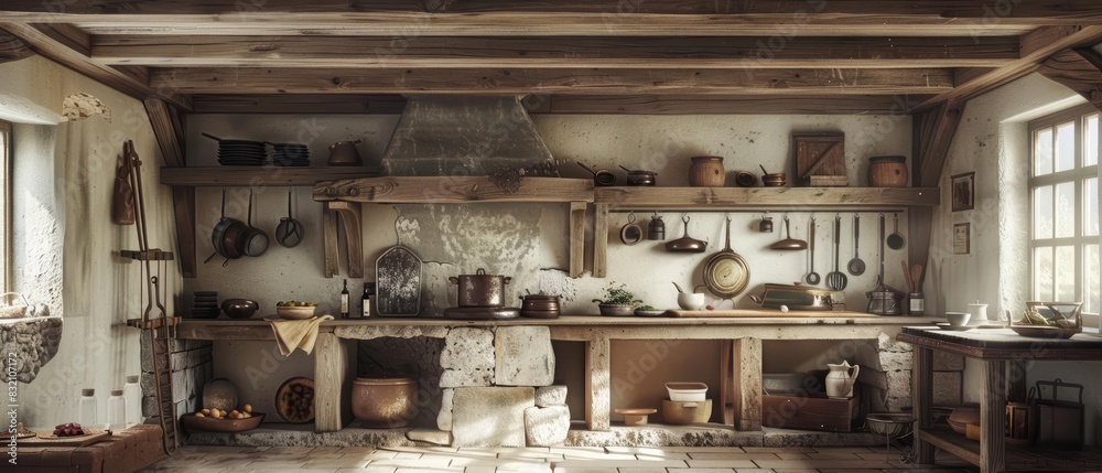 Frame mockup, a rustic farmhouse kitchen with wooden beams, vintage cookware, and a large hearth, evoking warmth and homeliness Frame mockup, a rustic farmhouse kitchen with wooden beams, vintage cookware, and a large hearth, evoking warmth and homeliness