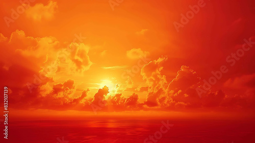 A fiery orange sunset over a calm sea. The sky is ablaze with color, and the clouds are reflected in the water. © Nurlan