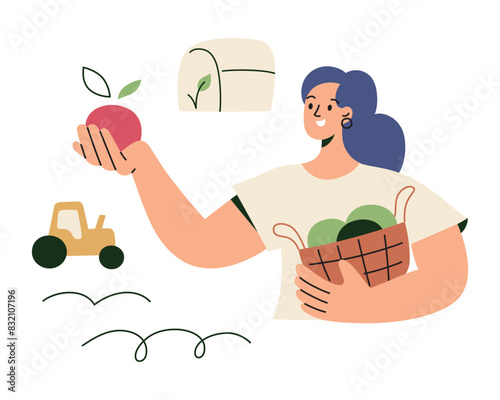 Farmer harvesting fruit, healthy organic food, woman holding apple, plants and vegetables grown in greenhouses, local fields, eco food icon, vector illustrations of cartoon character buying groceries